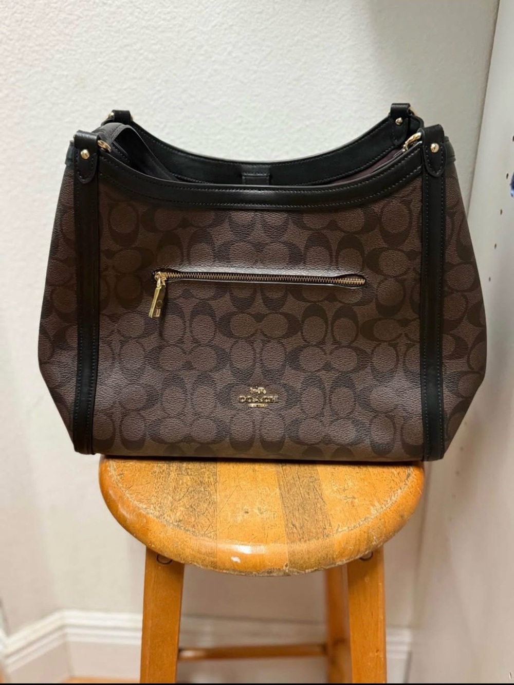 Coach Brown Signature Shoulder Bag with Black Trim and Gold Hardware